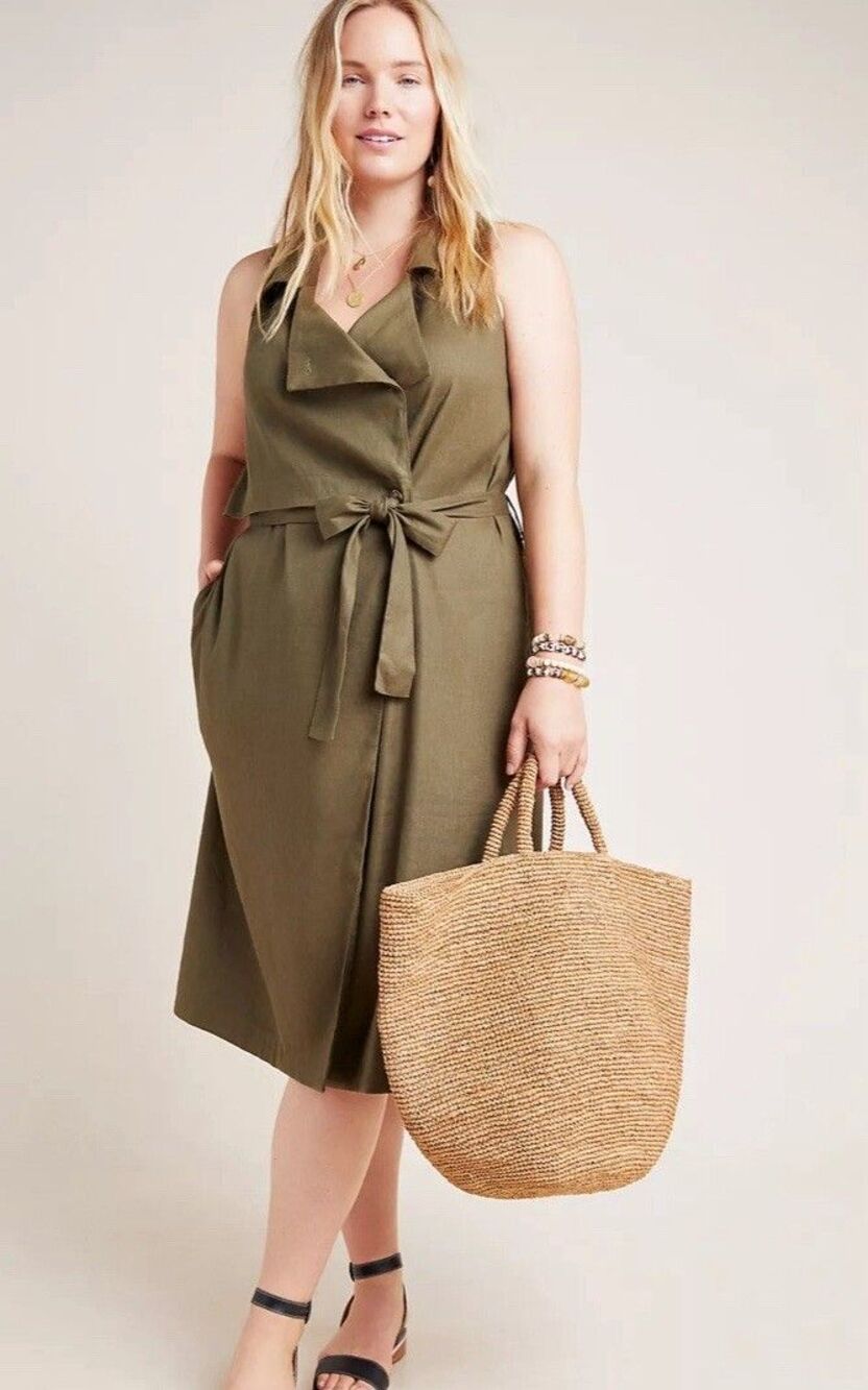 Anthropologie Trench Coat Dress Green Hollis Tie Front Vest Preppy Retro Sz XS